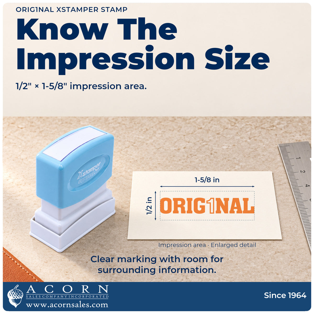 Impression size guide: the "Orig1Nal" imprint measures 1-5/8 x 1/2 in