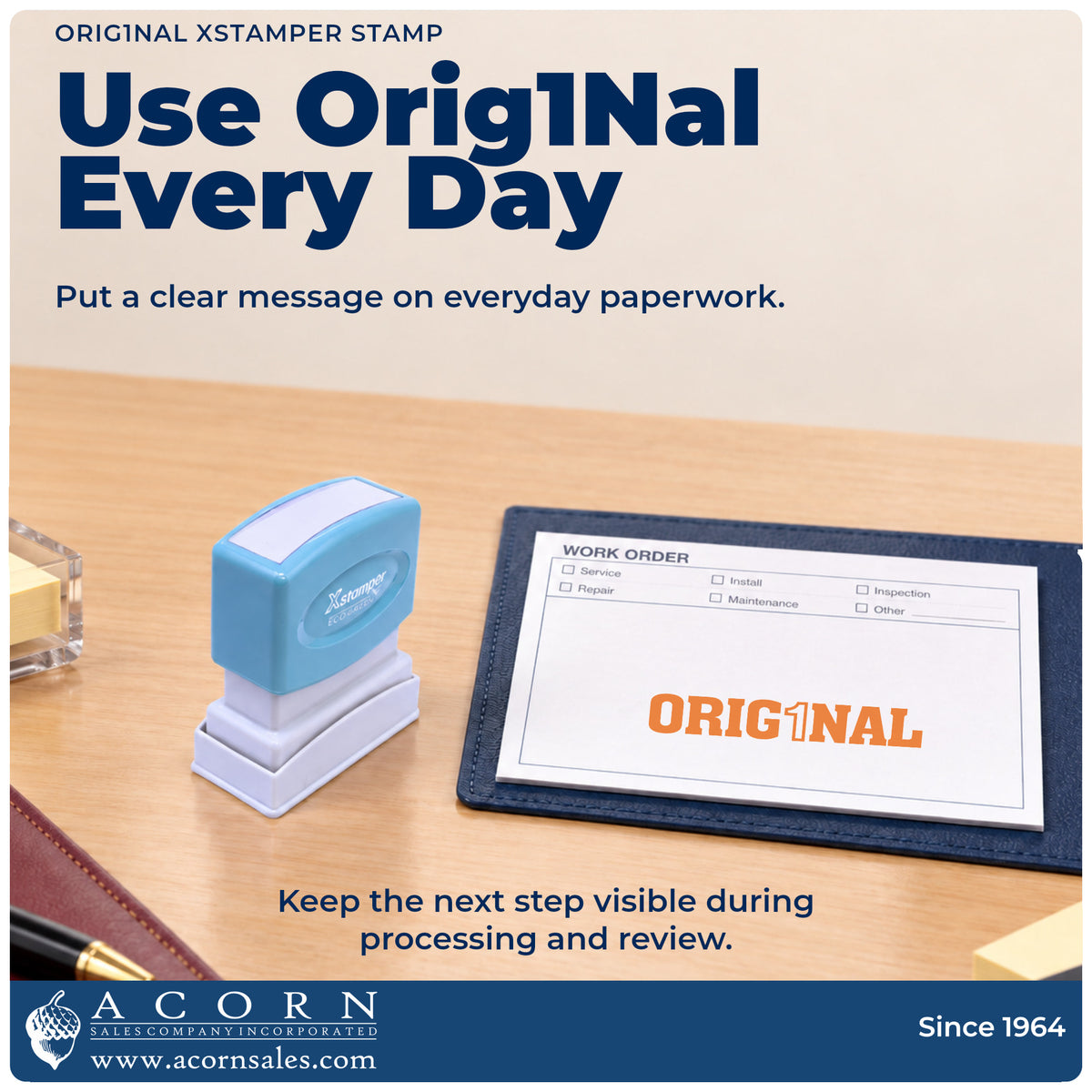 Orig1Nal Stamp being pressed to leave an imprint reading "Orig1Nal"