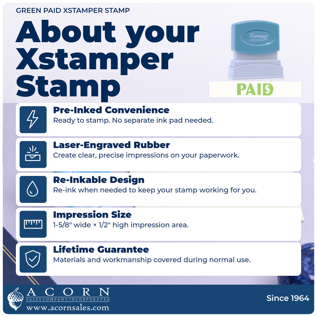 About your Green Paid Accounting Stamp: Xstamper 1827 pre-inked stock stamp facts