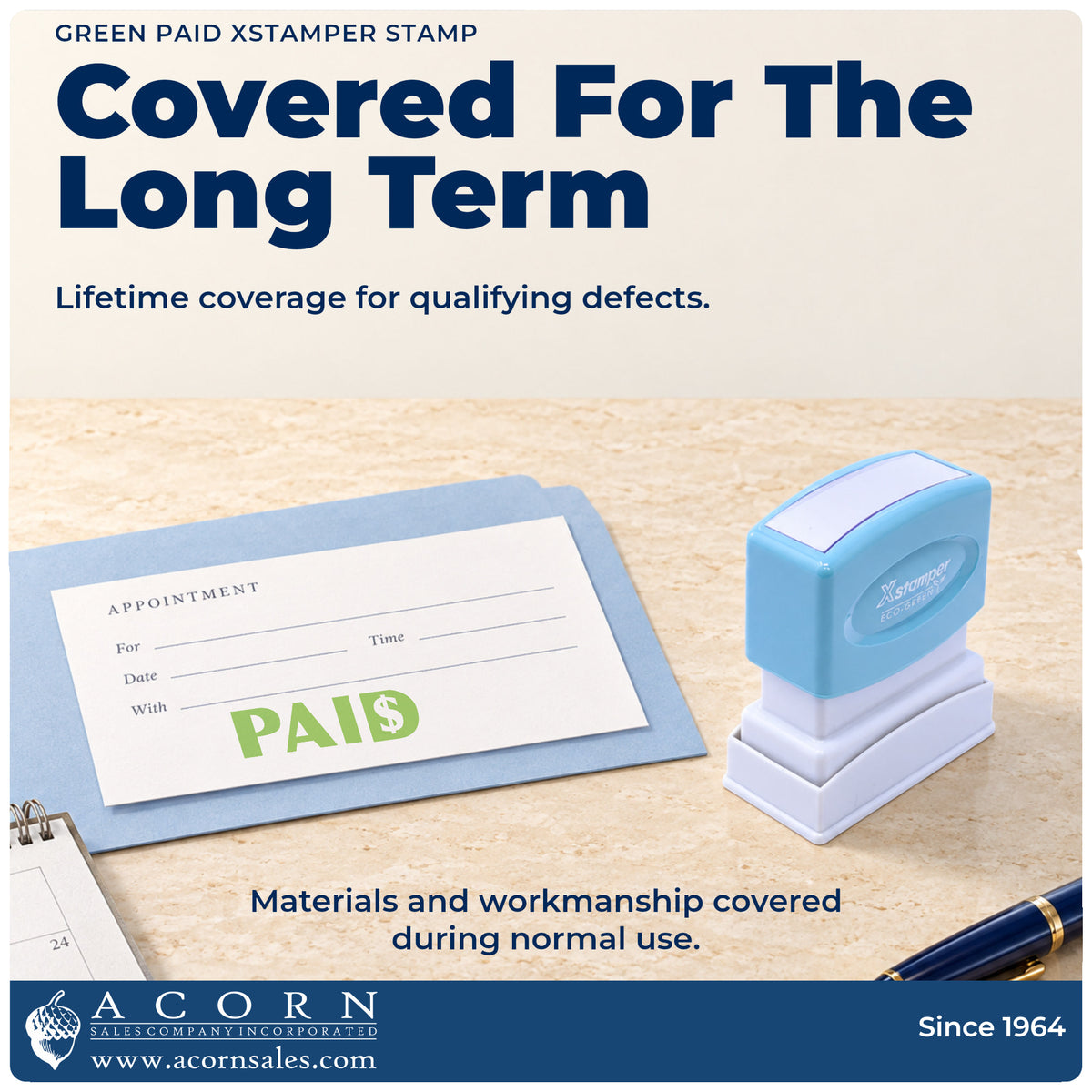 Lifetime guarantee graphic shown with the Green Paid Accounting Stamp from Acorn Sales