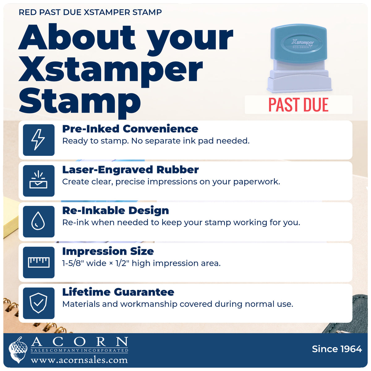 About your Xstamper Past Due Stamp – Red Pre-Inked: Xstamper 1362 pre-inked stock stamp facts