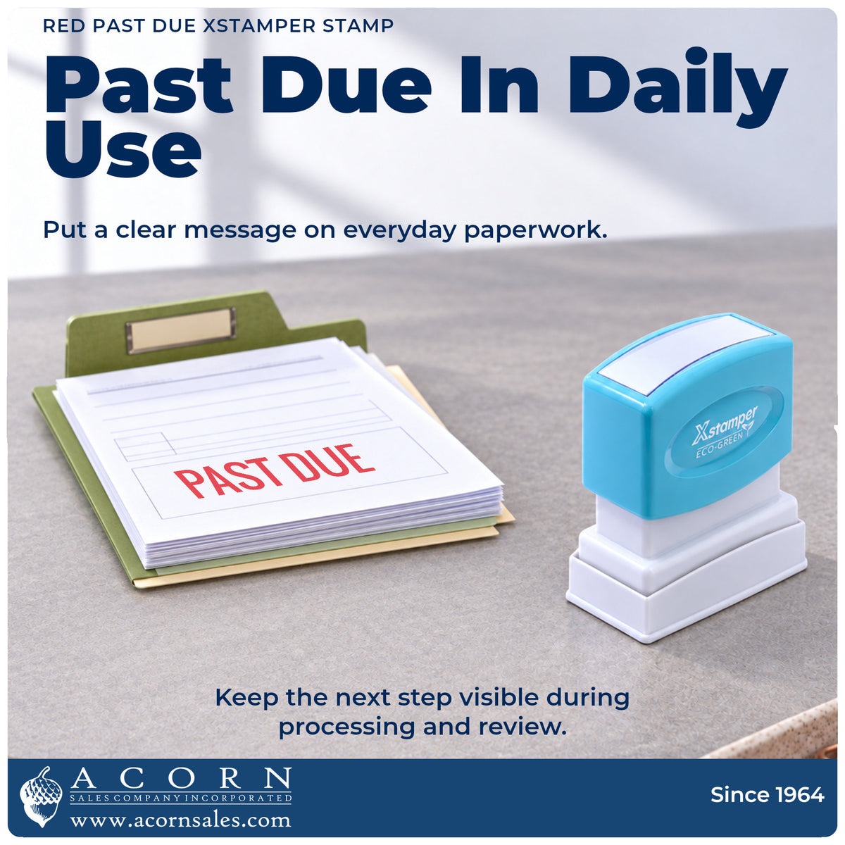 Xstamper Past Due Stamp – Red Pre-Inked being pressed to leave an imprint reading "Past due"