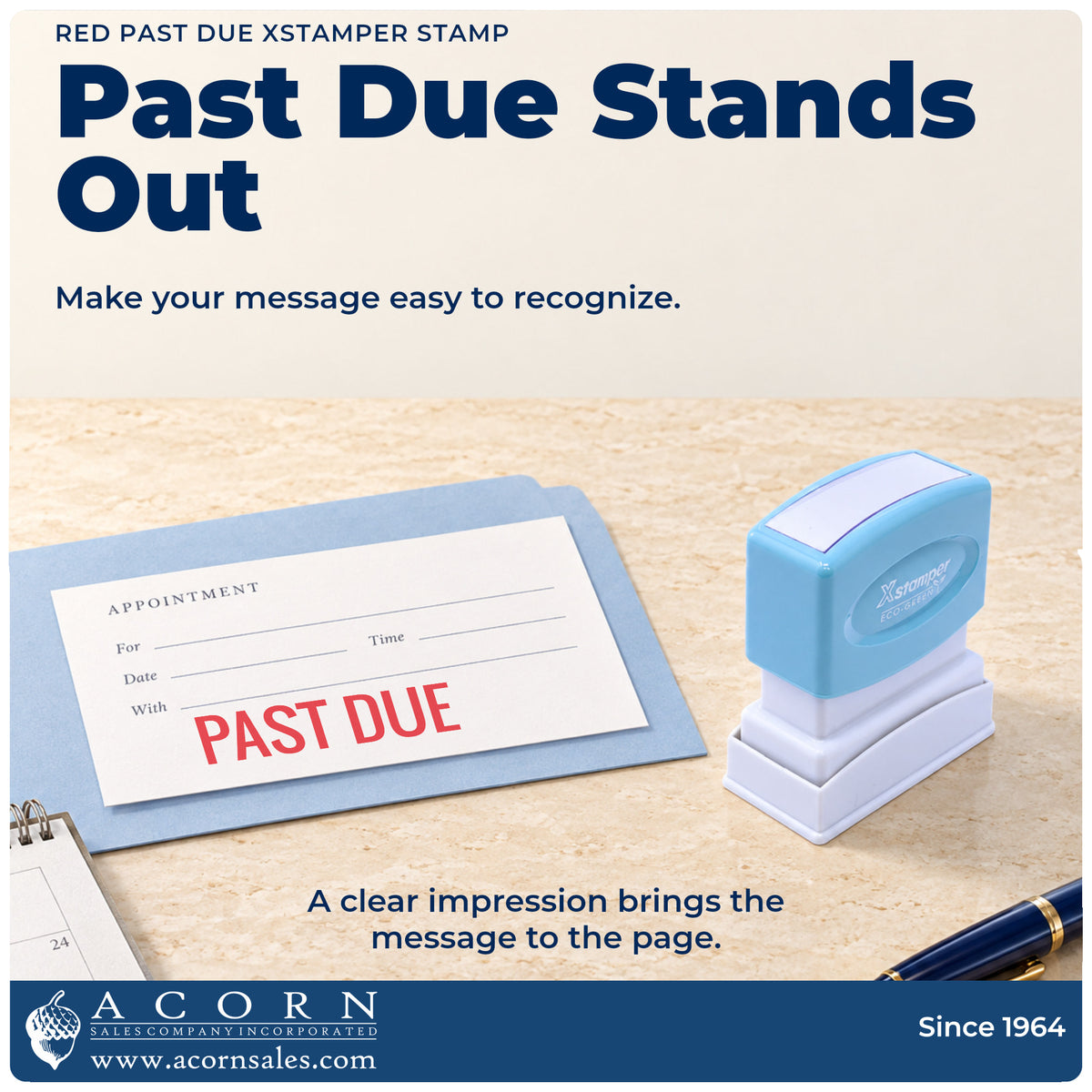 "Past due" imprint on office paperwork beside the Xstamper Past Due Stamp – Red Pre-Inked