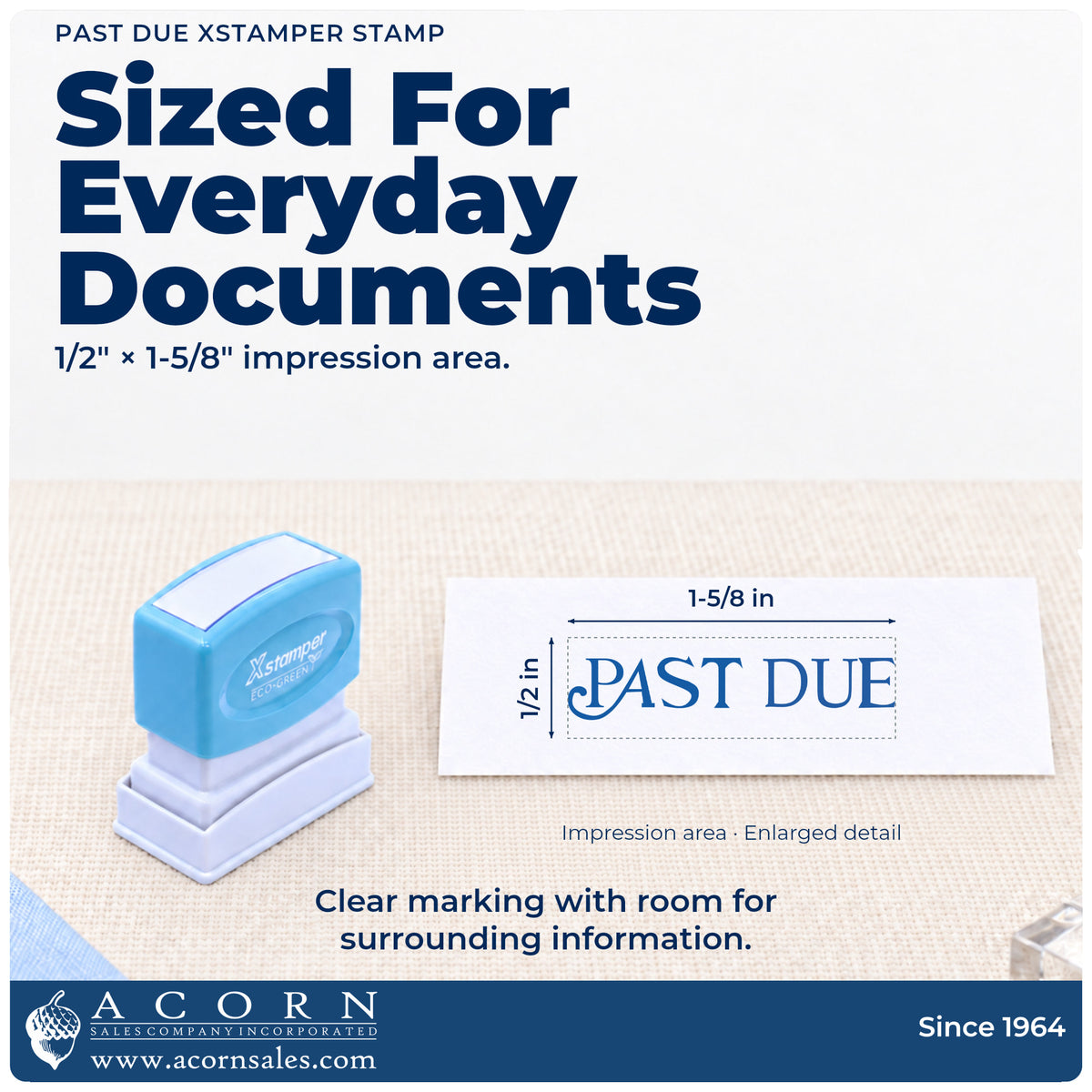 Impression size guide: the "Past due" imprint measures 1/2 x 1-5/8 in