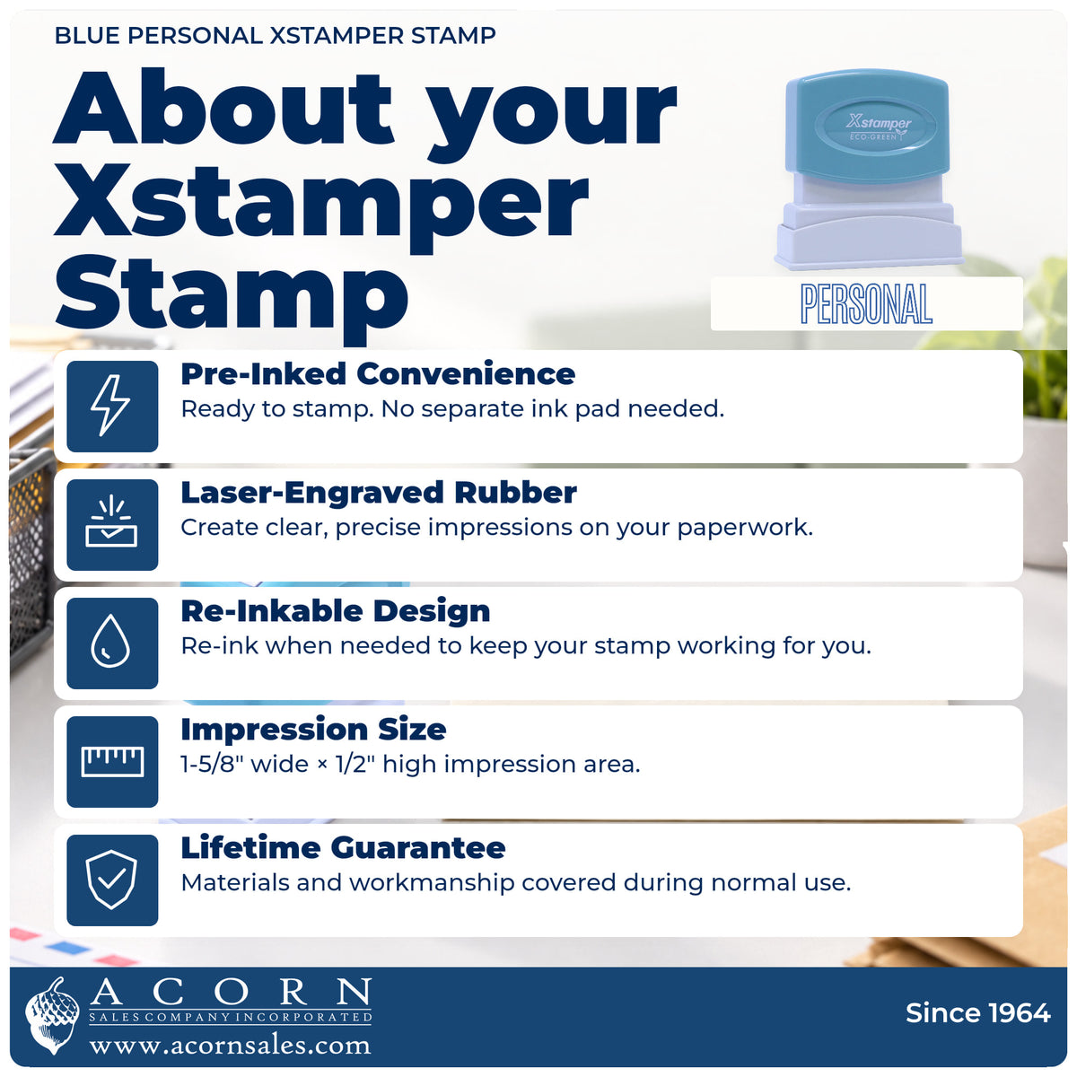 About your Personal Correspondence Stamp – Blue Pre-Inked Xstamper: Xstamper 1020 pre-inked stock stamp facts