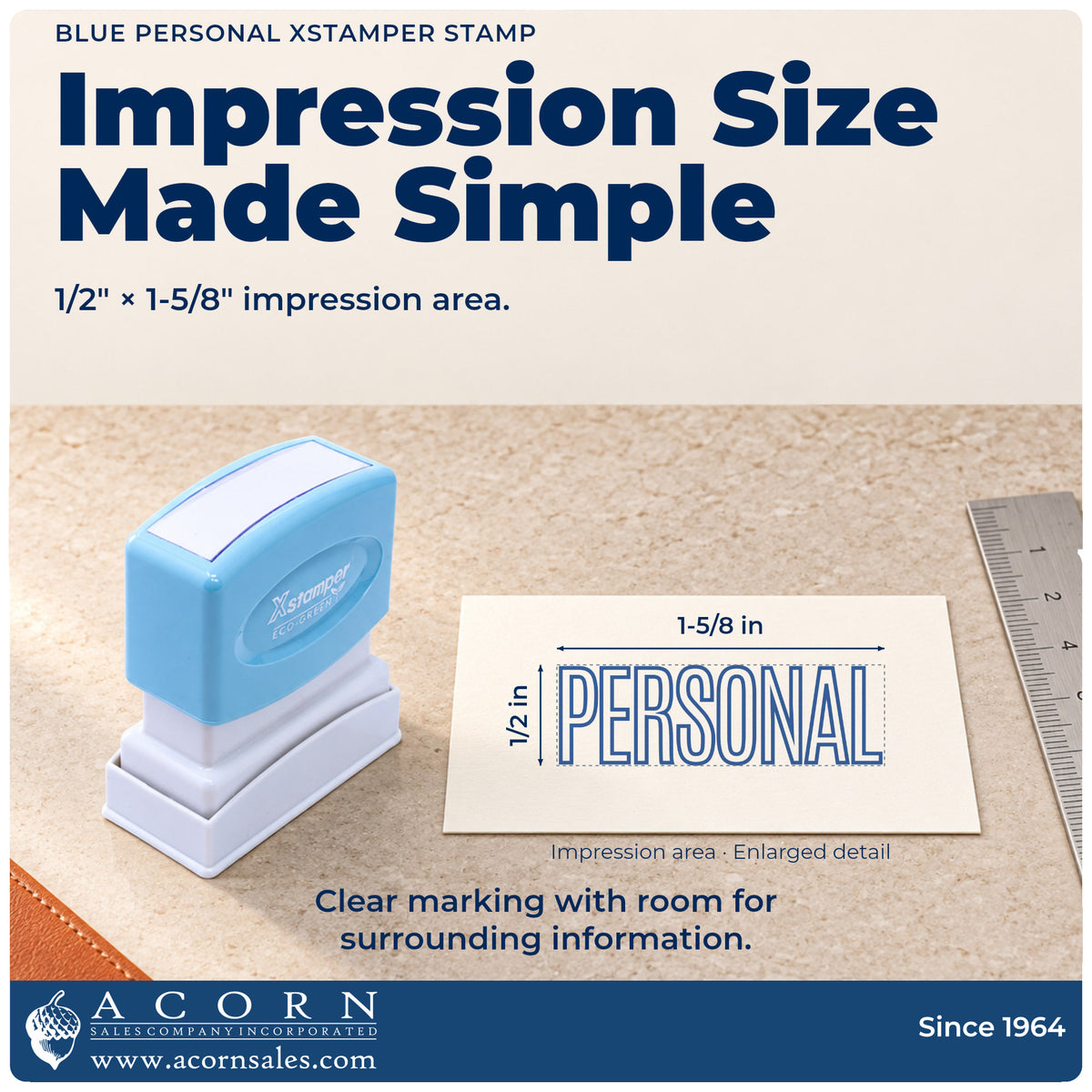 Impression size guide: the "Personal" imprint measures 1-5/8 x 1/2 in