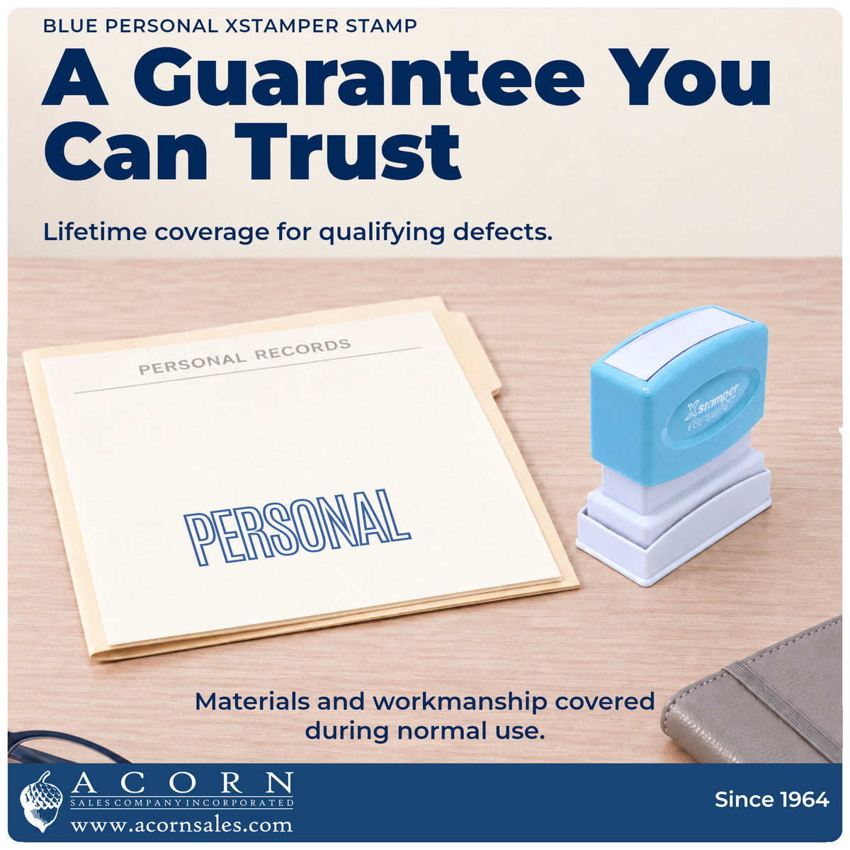 Lifetime guarantee graphic shown with the Personal Correspondence Stamp – Blue Pre-Inked Xstamper from Acorn Sales