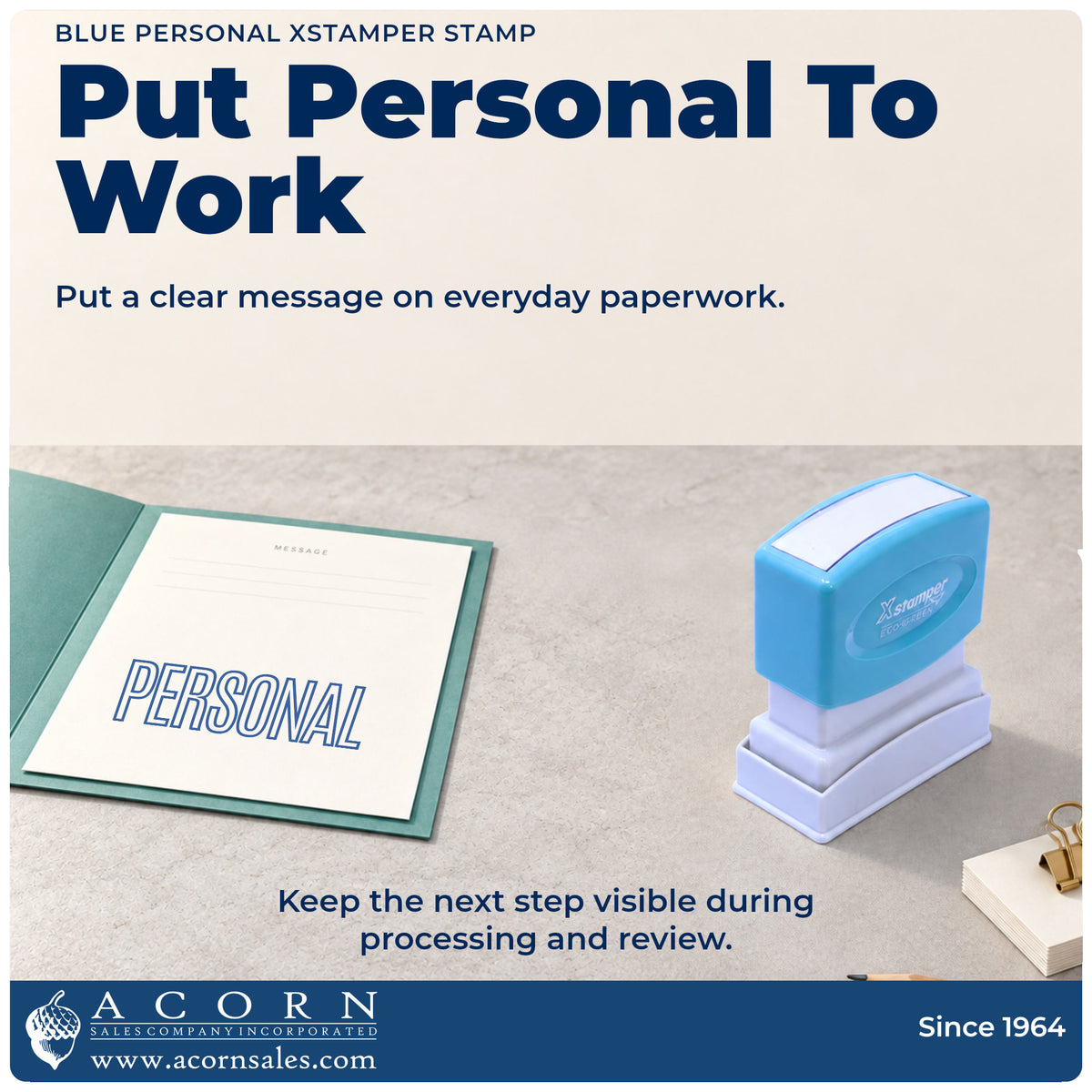 Personal Correspondence Stamp – Blue Pre-Inked Xstamper being pressed to leave an imprint reading "Personal"