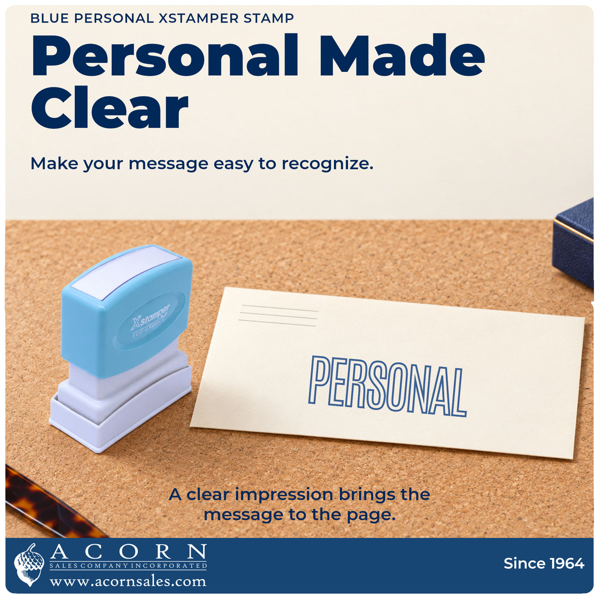 "Personal" imprint on office paperwork beside the Personal Correspondence Stamp – Blue Pre-Inked Xstamper