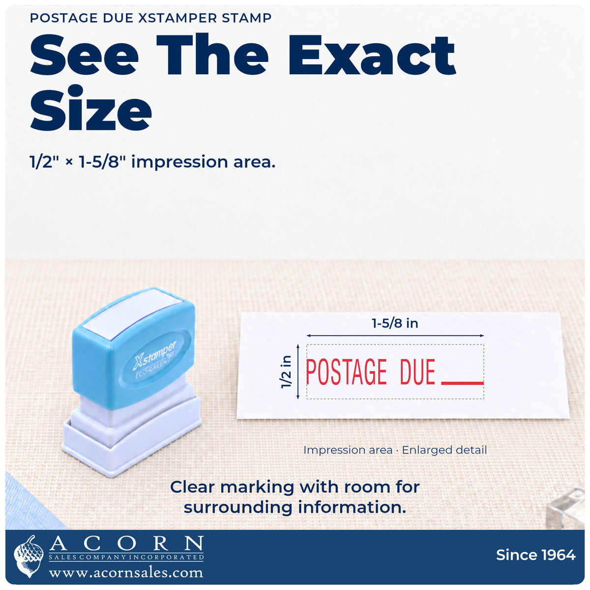 Impression size guide: the "Postage due" imprint measures 1/2 x 1-5/8 in