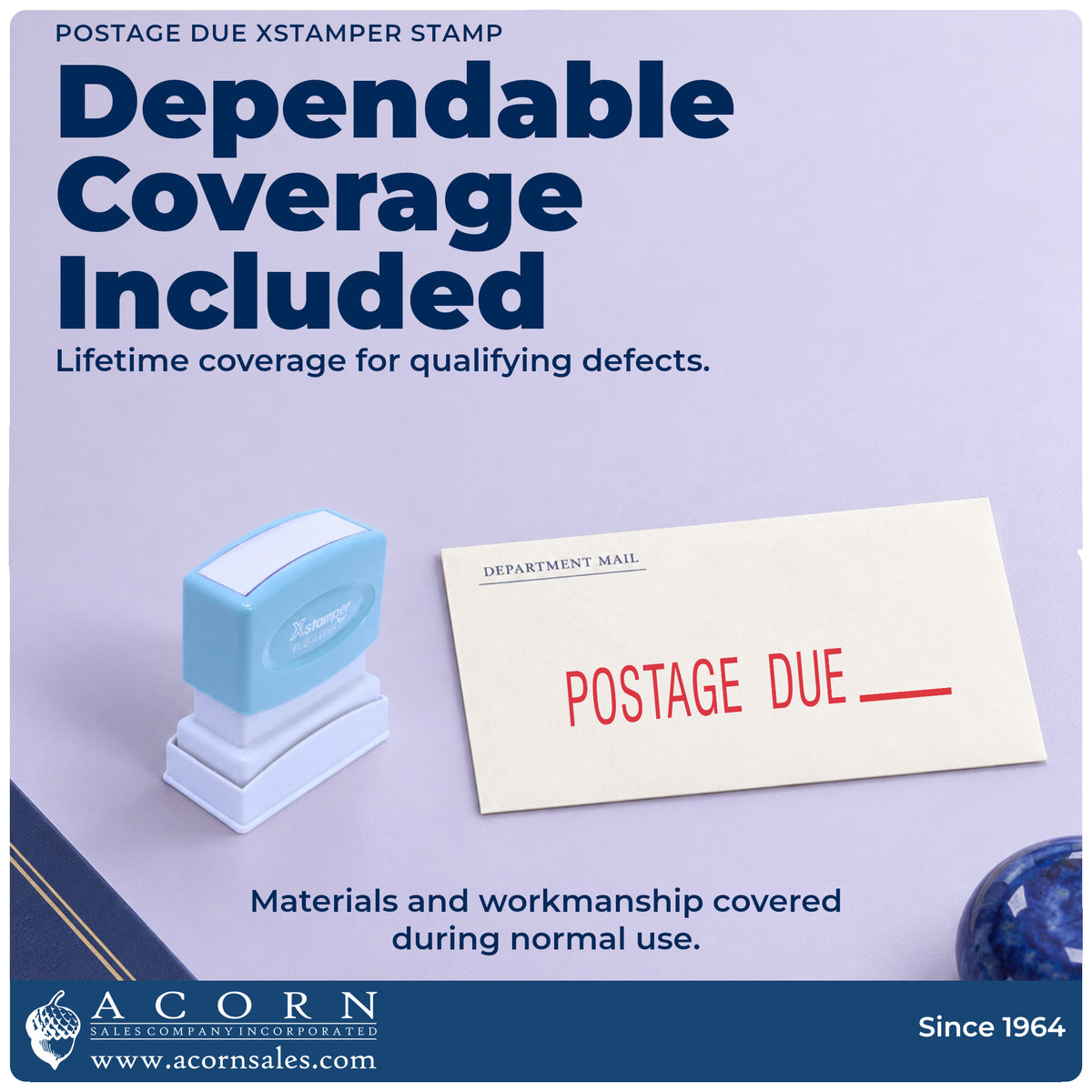 Lifetime guarantee graphic shown with the Postage Due Envelope Stamp from Acorn Sales