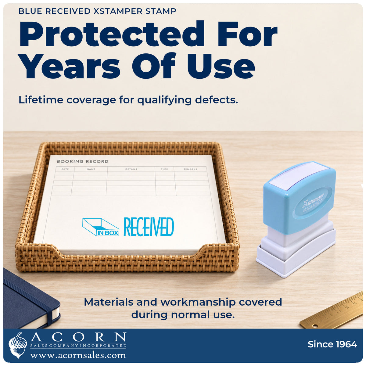 Lifetime guarantee graphic shown with the Received Stamp – Blue Pre-Inked Xstamper from Acorn Sales