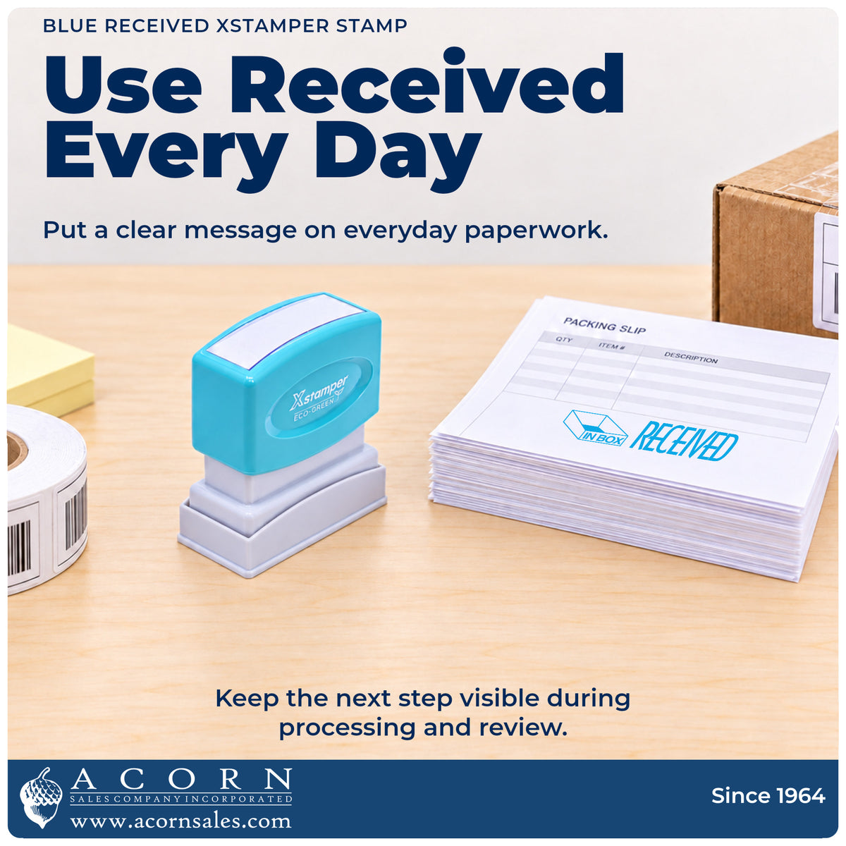 Received Stamp – Blue Pre-Inked Xstamper being pressed to leave an imprint reading "Received"