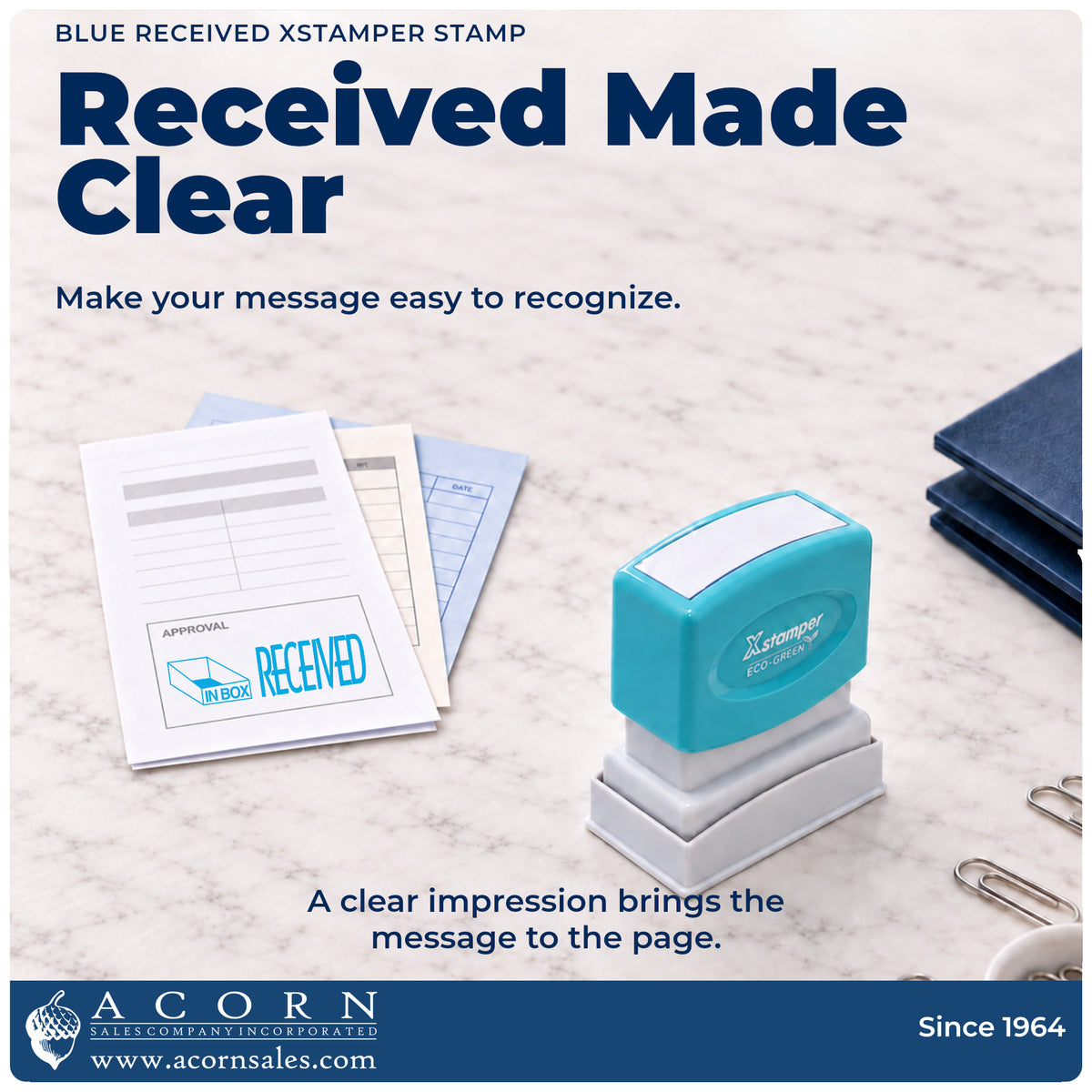 "Received" imprint on office paperwork beside the Received Stamp – Blue Pre-Inked Xstamper