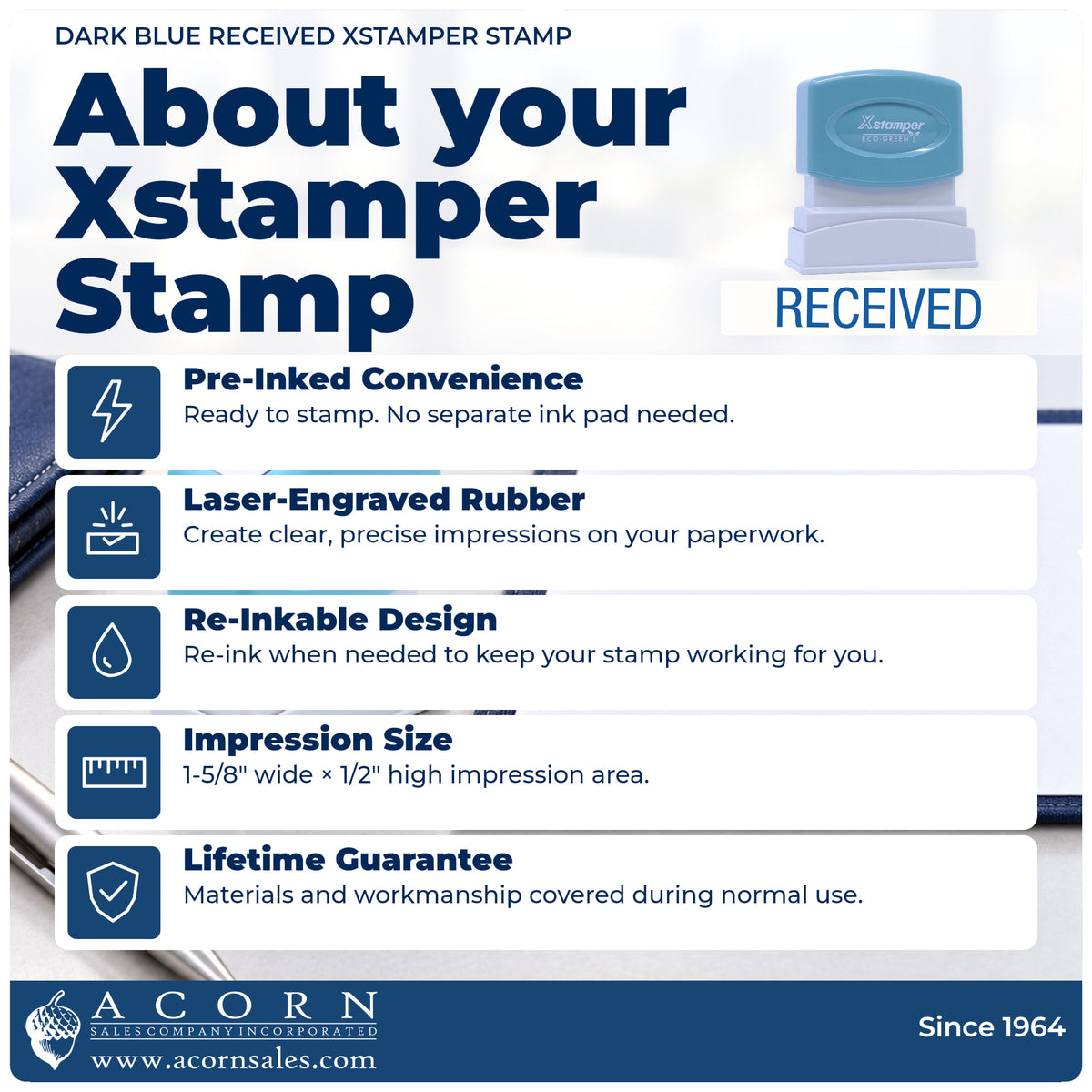 About your Dark Blue Received Document Stamp: Xstamper 1116 pre-inked stock stamp facts