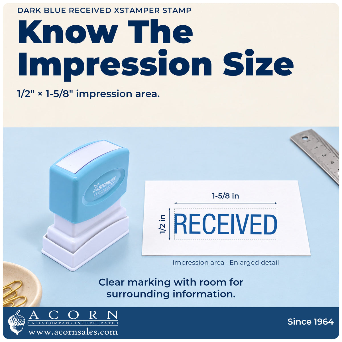 Impression size guide: the "Received" imprint measures 1/2 x 1-5/8 in