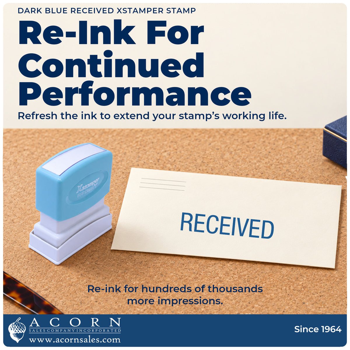 Re-inkable pre-inked build of the Dark Blue Received Document Stamp shown in detail