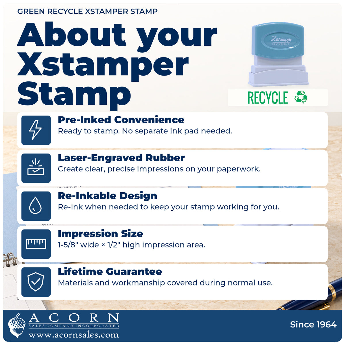 About your Green Recycle Instruction Stamp: Xstamper 1364 pre-inked stock stamp facts