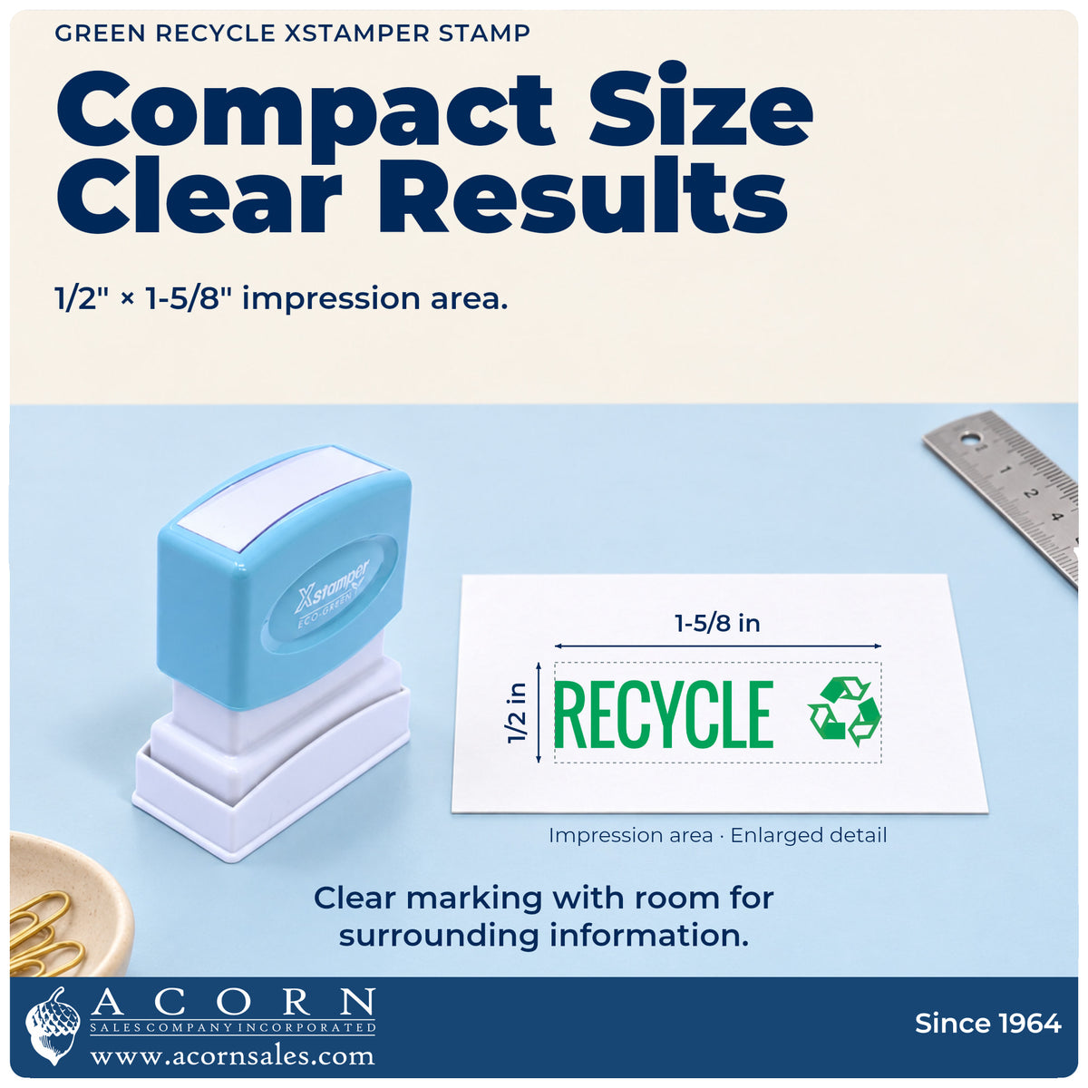 Impression size guide: the "Recycle" imprint measures 1/2 x 1-5/8 in