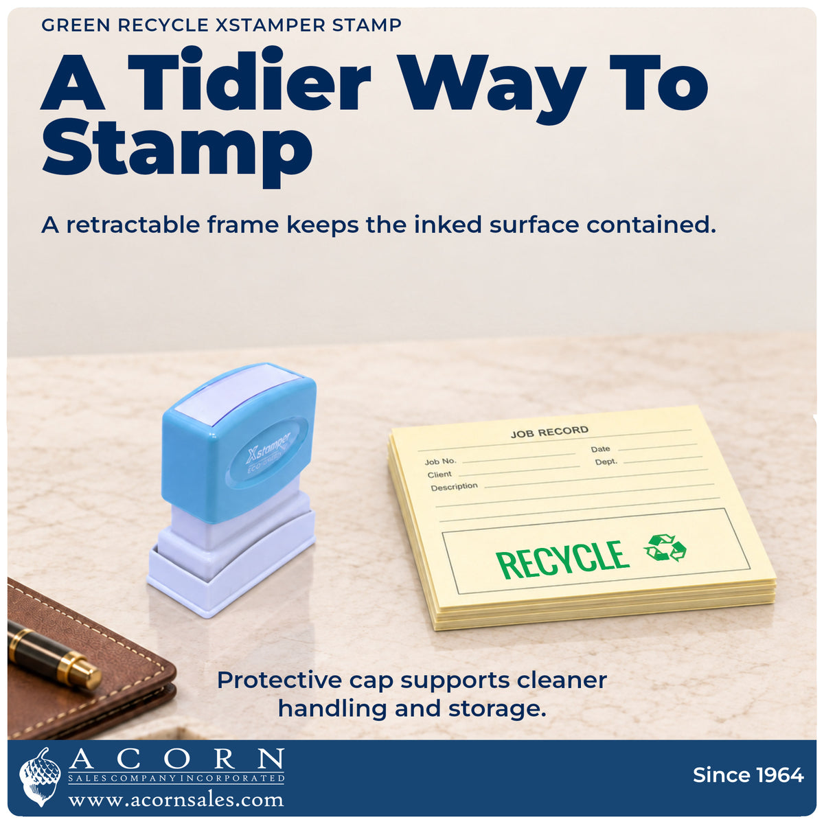 Features of the Green Recycle Instruction Stamp: pre-inked Xstamper 1364, 1/2 x 1-5/8 in imprint