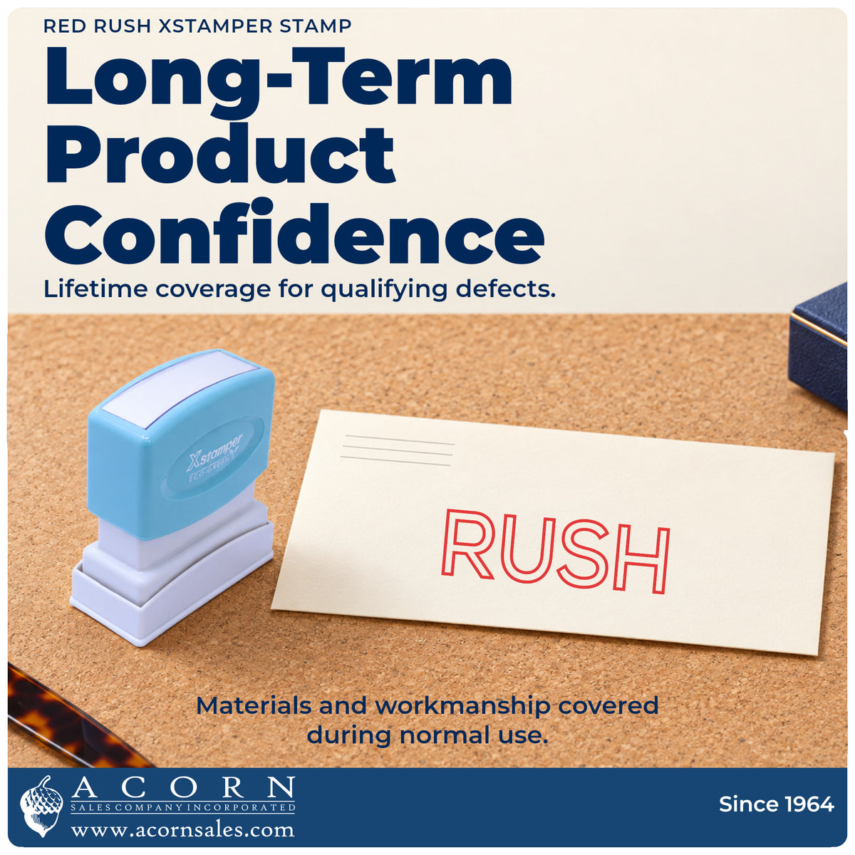 Lifetime guarantee graphic shown with the Red Rush Stamp from Acorn Sales