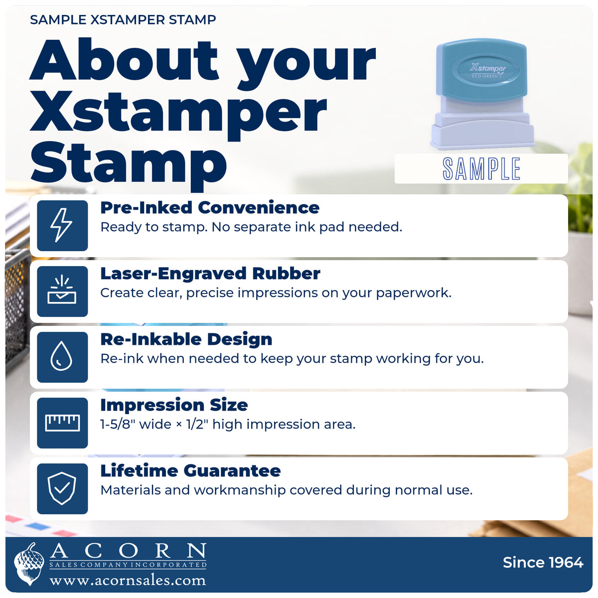 About your Xstamper Sample Document Stamp: Xstamper 1002 pre-inked stock stamp facts