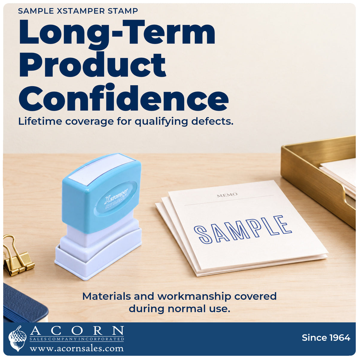 Lifetime guarantee graphic shown with the Xstamper Sample Document Stamp from Acorn Sales