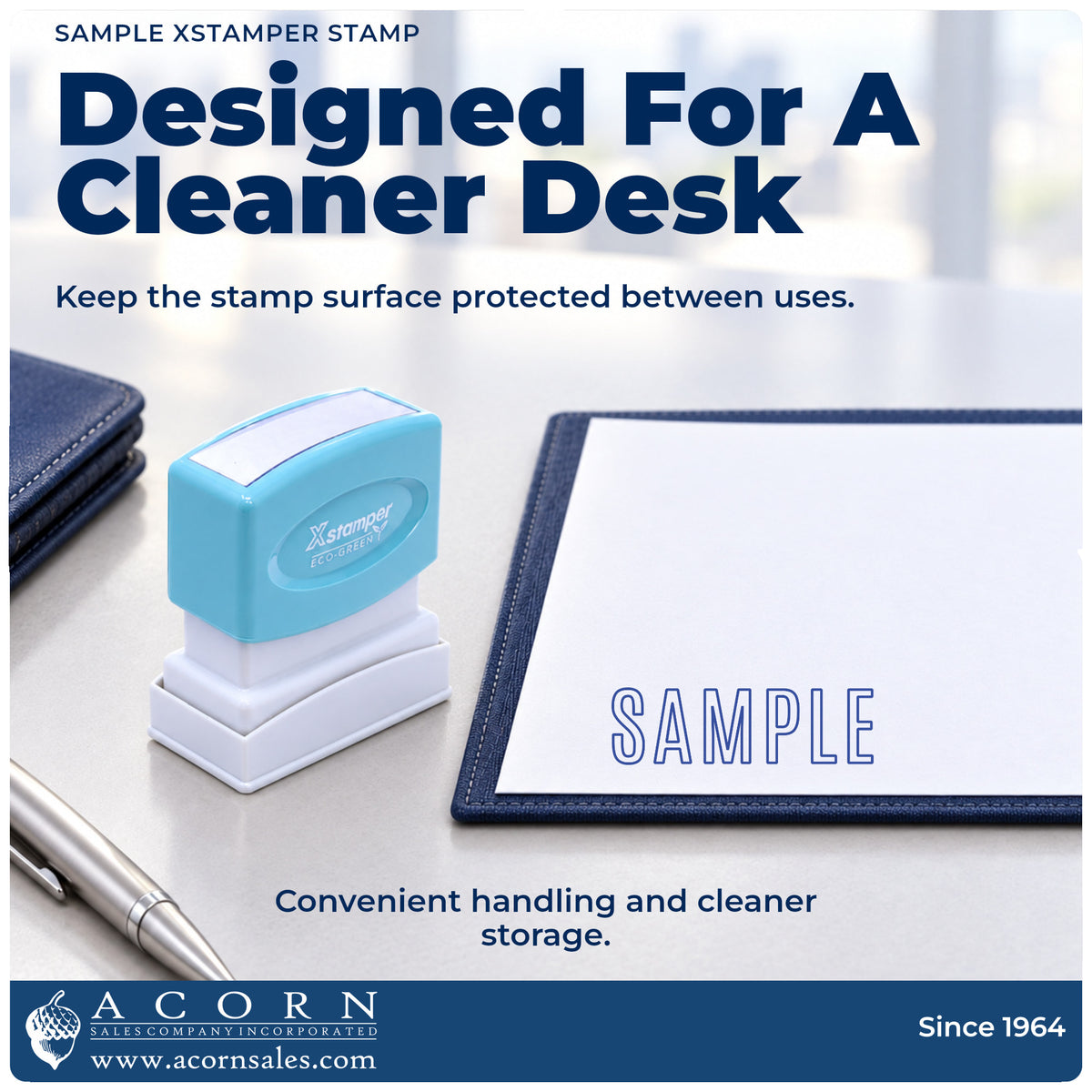Features of the Xstamper Sample Document Stamp: pre-inked Xstamper 1002, 1/2 x 1-5/8 in imprint