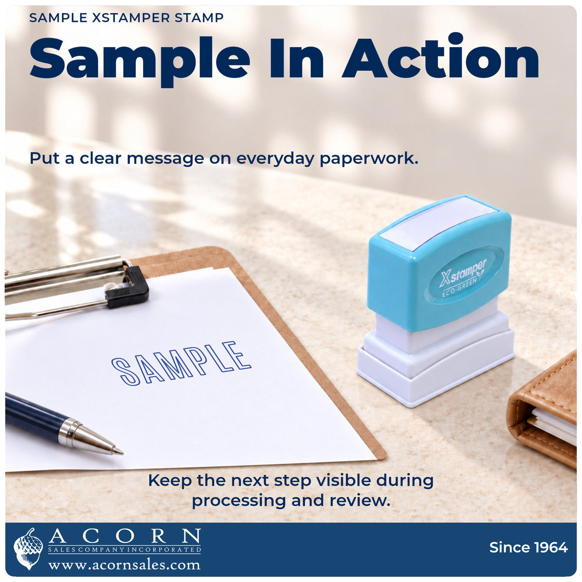 Xstamper Sample Document Stamp being pressed to leave an imprint reading "Sample"