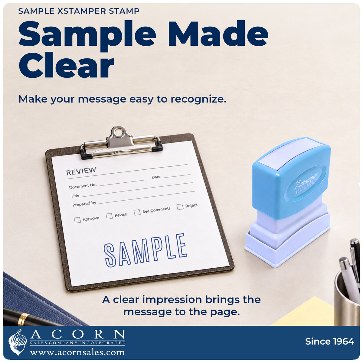 "Sample" imprint on office paperwork beside the Xstamper Sample Document Stamp