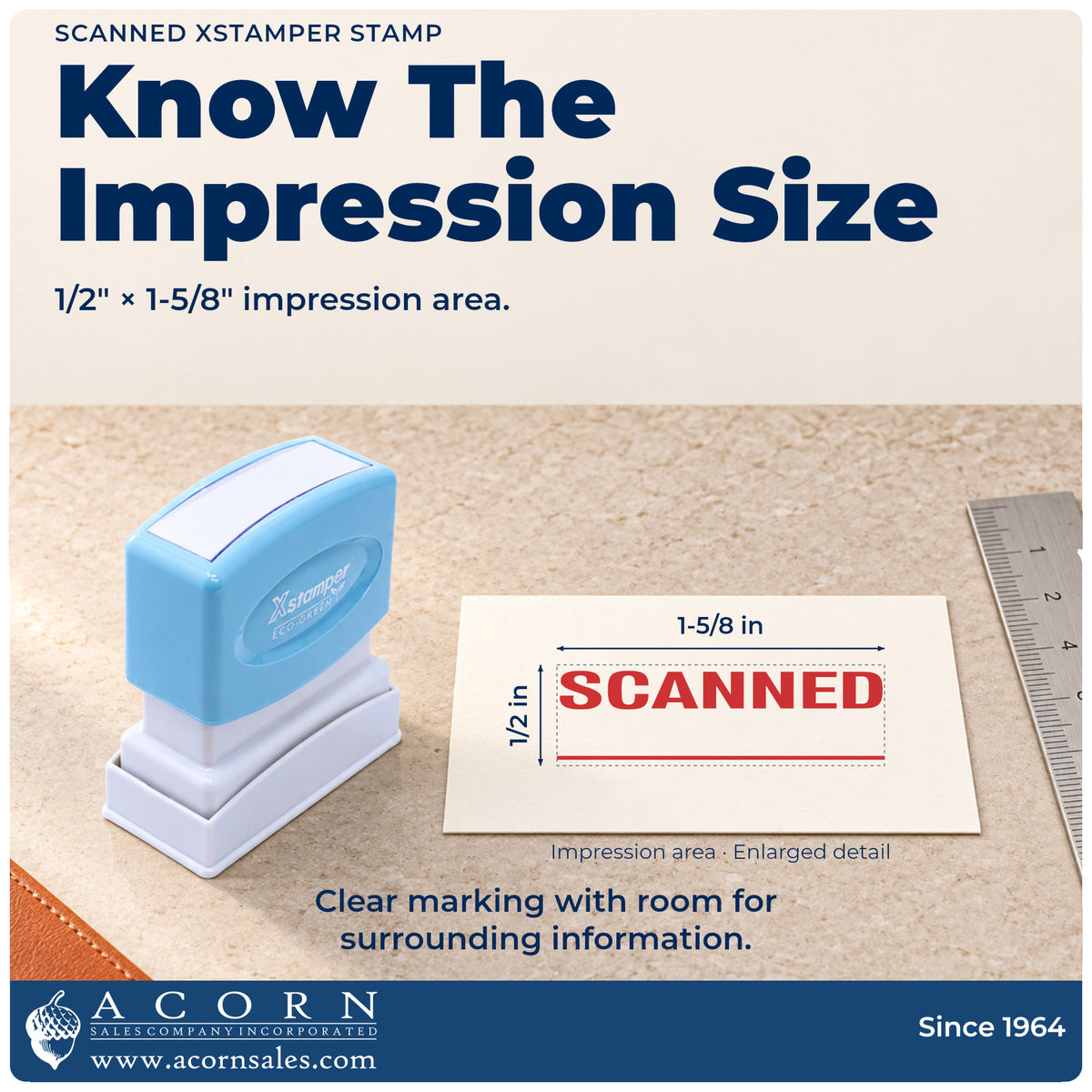 Impression size guide: the "Scanned" imprint measures 1-5/8 x 1/2 in