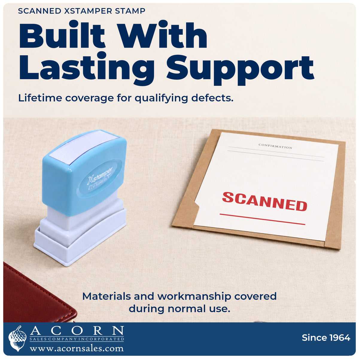 Lifetime guarantee graphic shown with the Xstamper Scanned Stamp from Acorn Sales