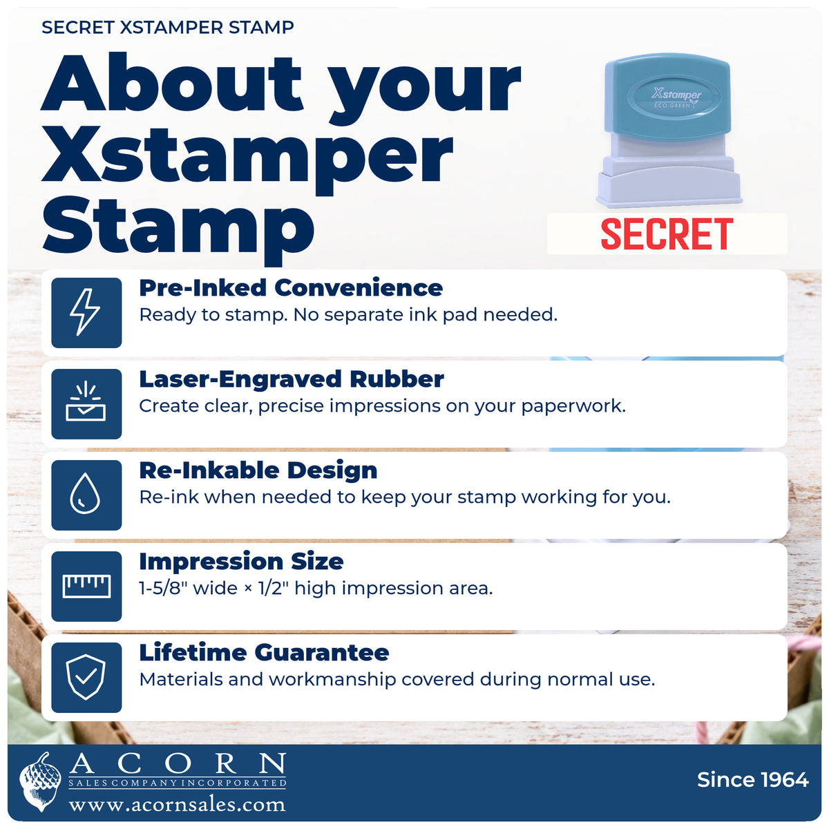 About your Secret Stamp: Xstamper 1136 pre-inked stock stamp facts