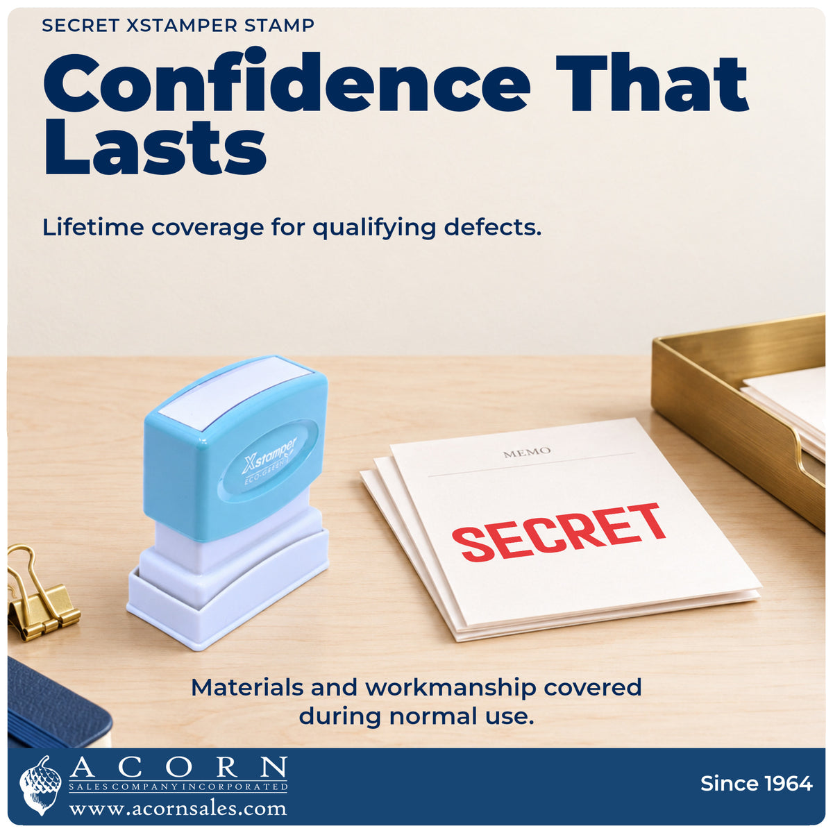 Lifetime guarantee graphic shown with the Secret Stamp from Acorn Sales