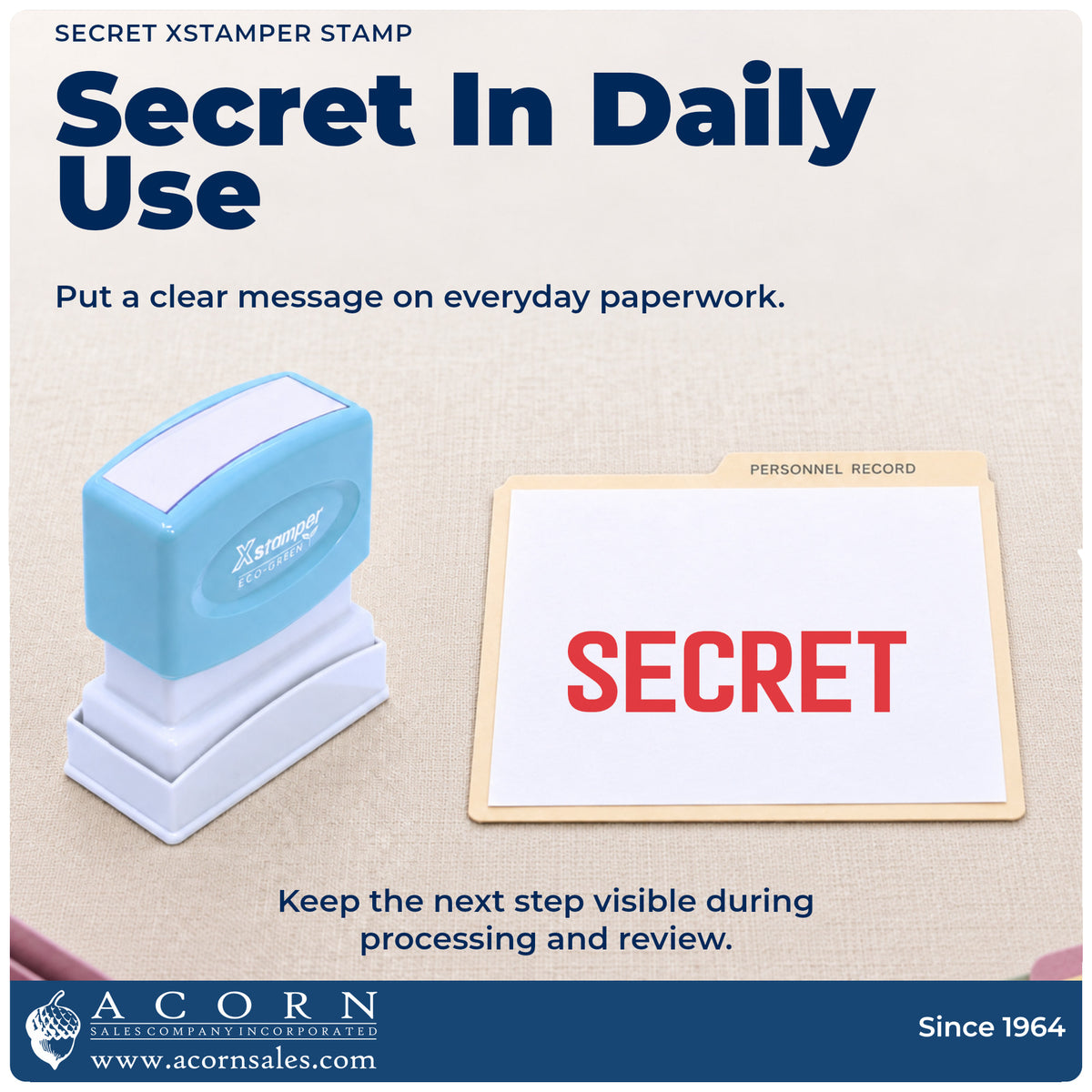 Secret Stamp being pressed to leave an imprint reading "Secret"