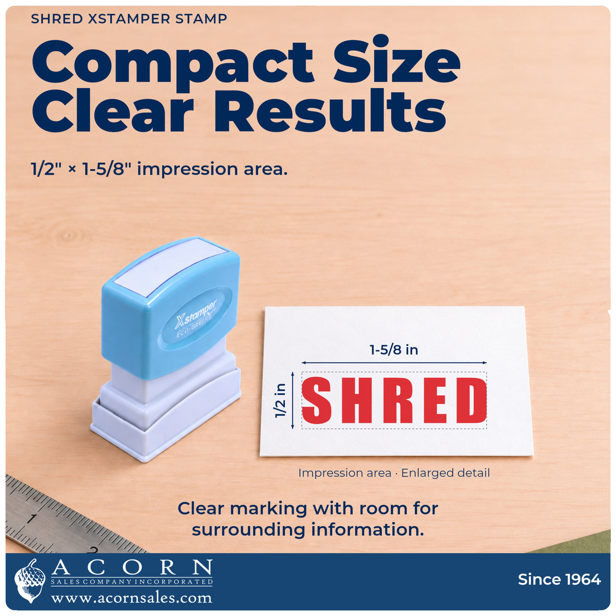 Impression size guide: the "Shred" imprint measures 1-5/8 x 1/2 in