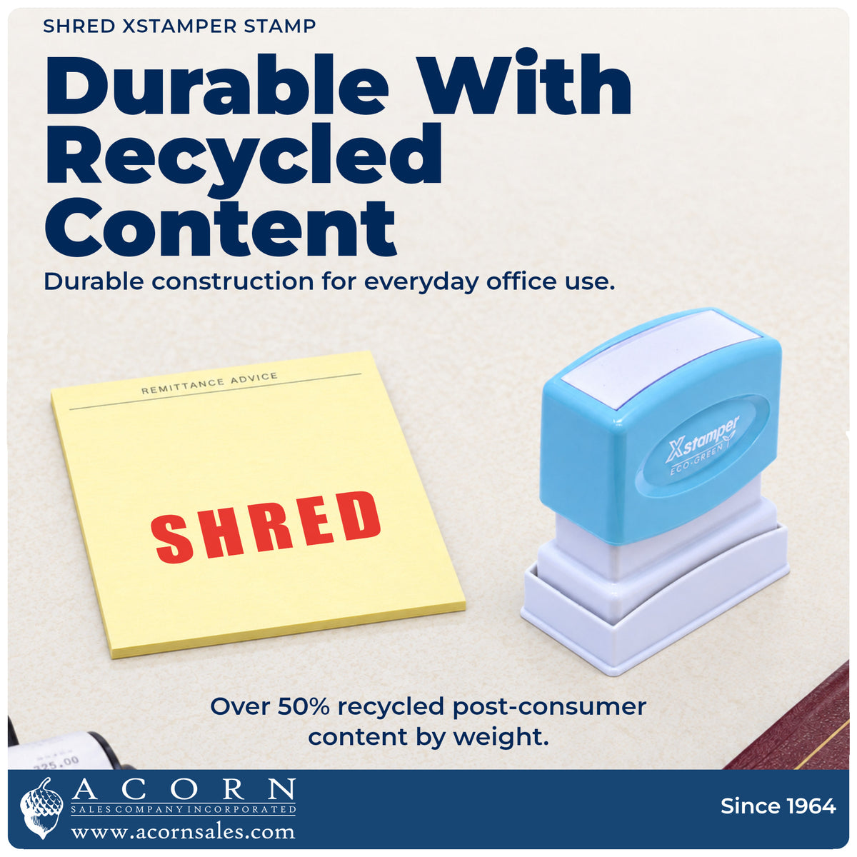 Features of the Shred Stamp: pre-inked Xstamper 1365, 1-5/8 x 1/2 in imprint