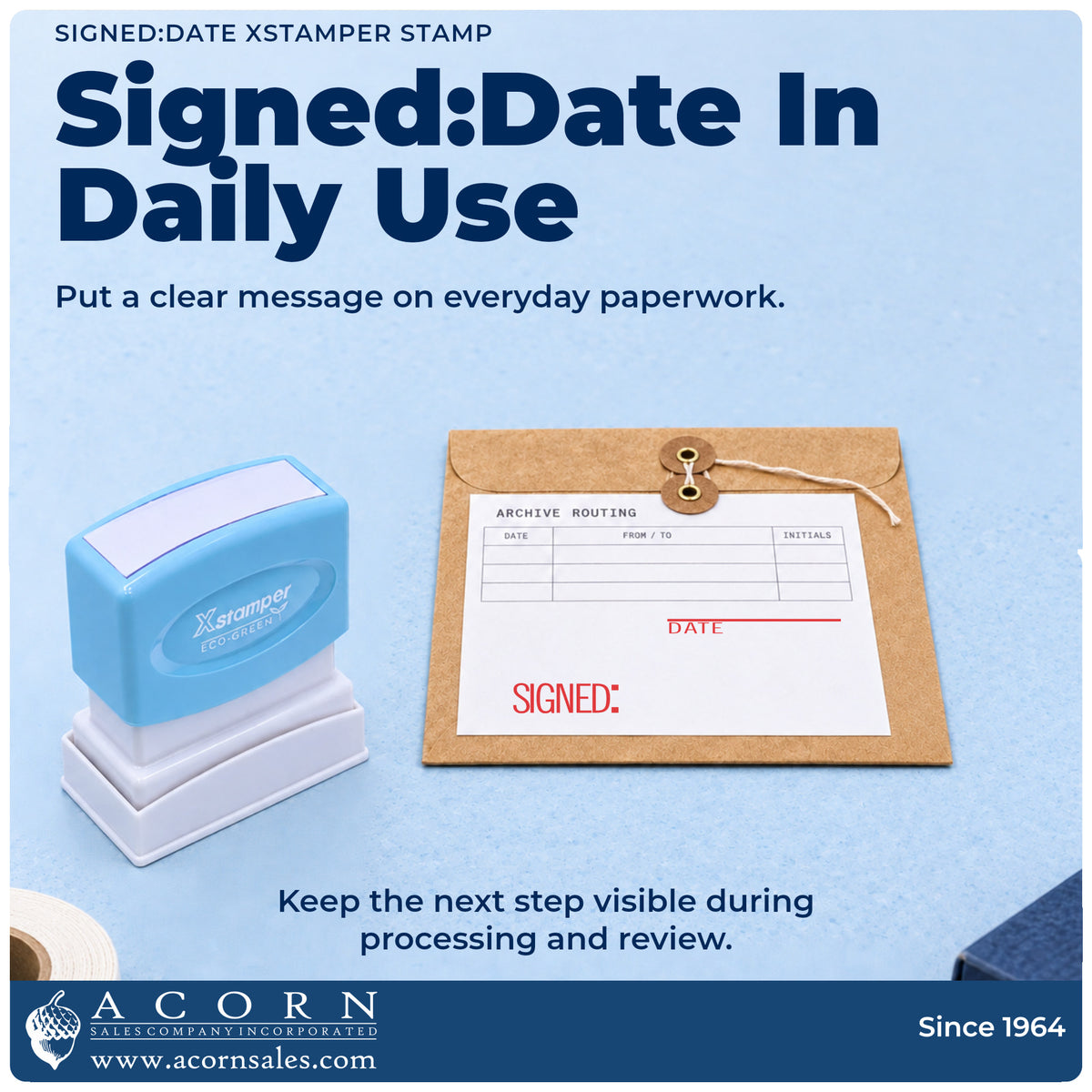 Signed: Date Text Stamp being pressed to leave an imprint reading "Signed: date"