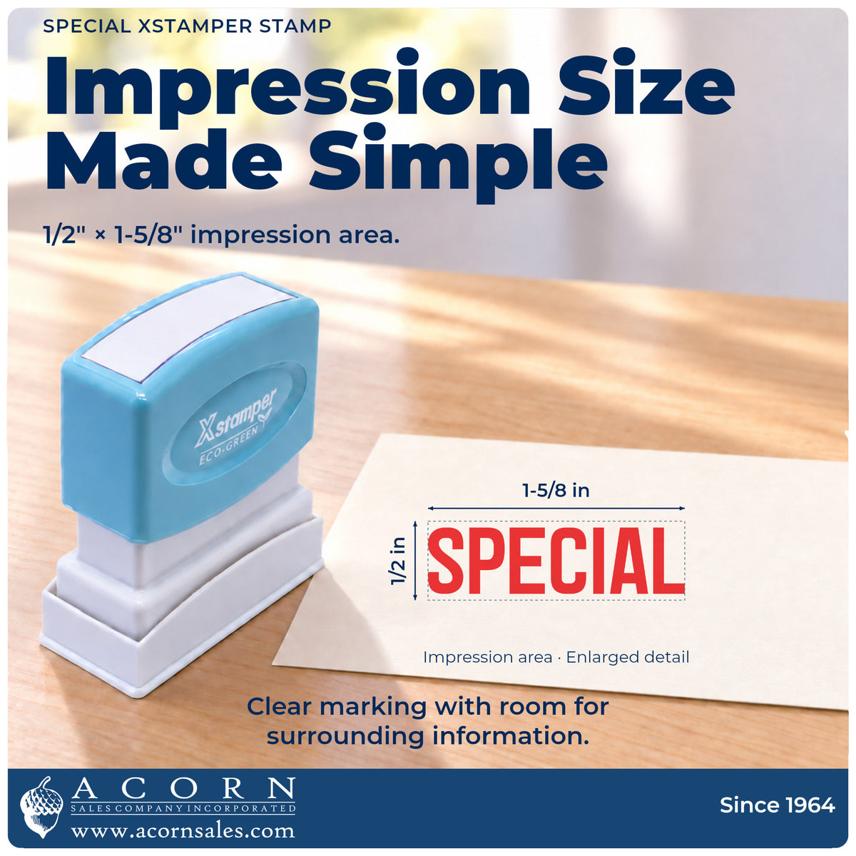 Impression size guide: the "Special" imprint measures 1-5/8 x 1/2 in