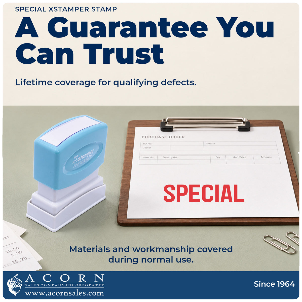 Lifetime guarantee graphic shown with the Xstamper Special Stamp from Acorn Sales