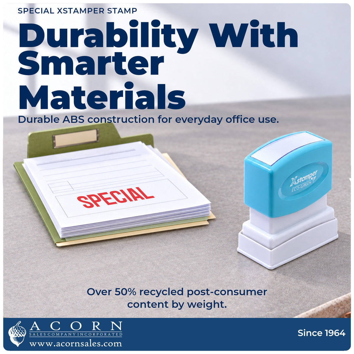 Features of the Xstamper Special Stamp: pre-inked Xstamper 1035, 1-5/8 x 1/2 in imprint