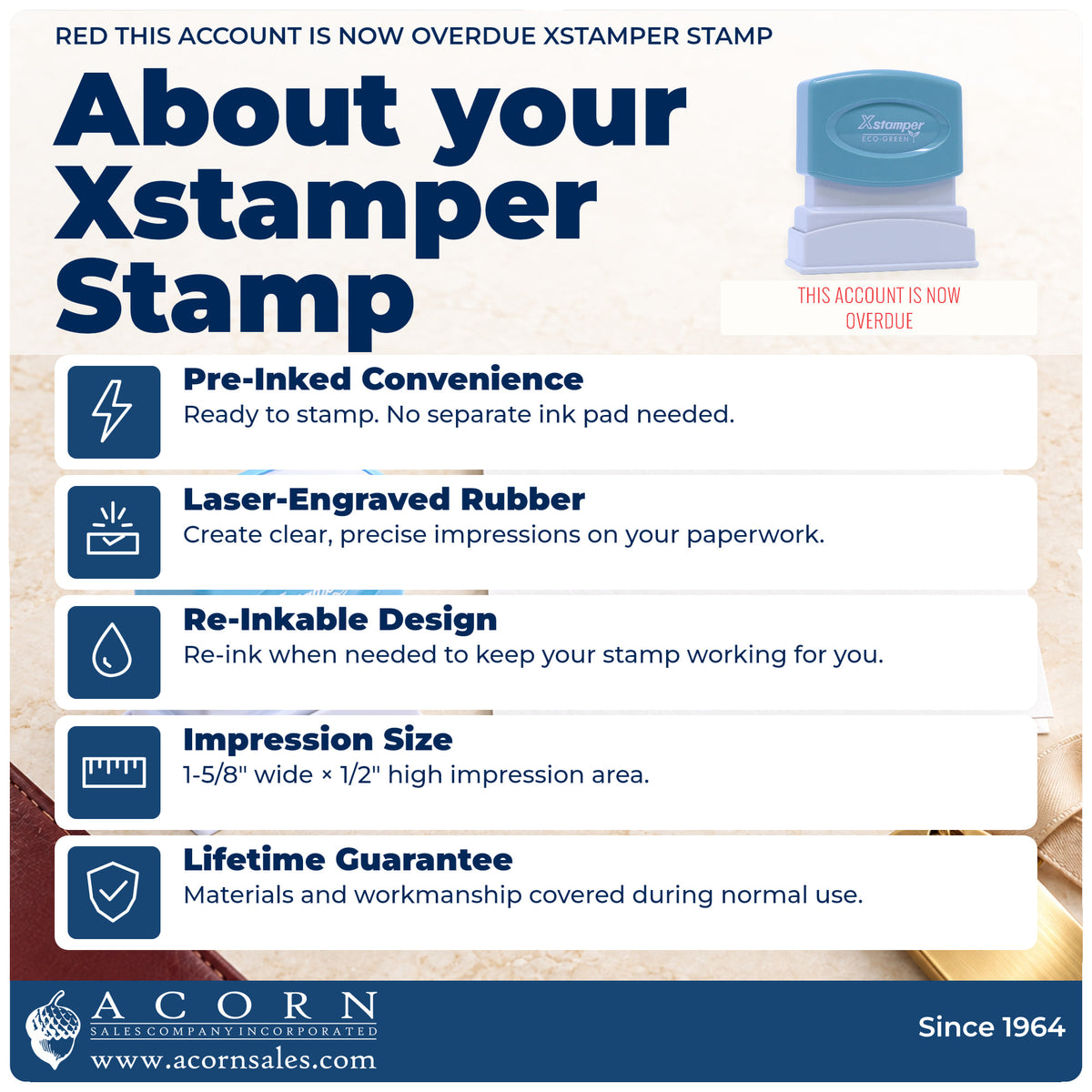 About your Red This Account Is Now Overdue Invoice Stamp: Xstamper 1344 pre-inked stock stamp facts