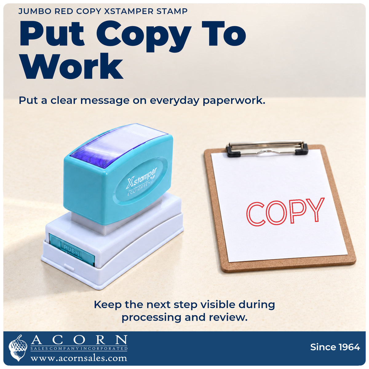 Jumbo Red Copy Stamp being pressed to leave an imprint reading "Copy"