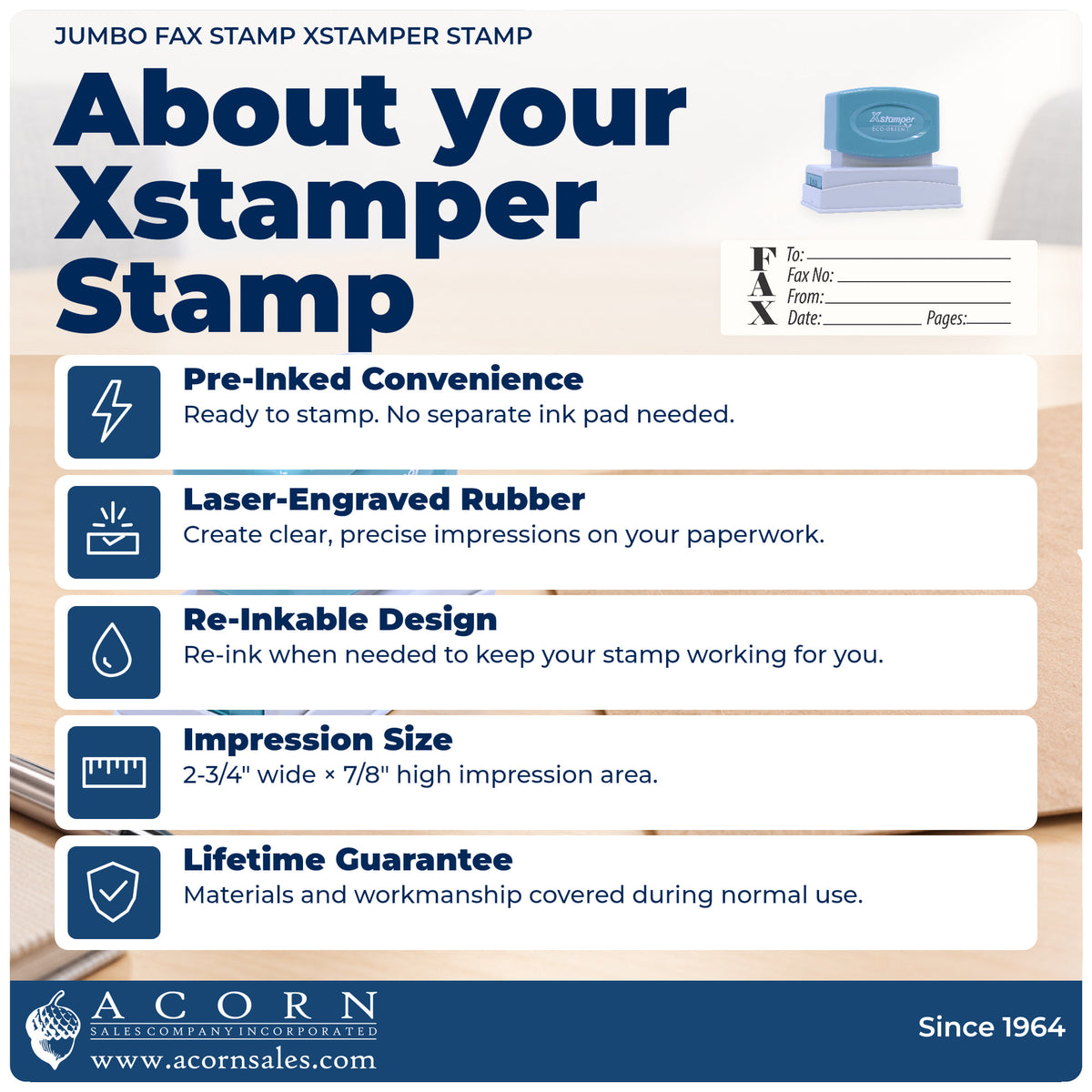 About your Fax Stamp – Jumbo Pre-Inked Xstamper: Xstamper 3279 pre-inked stock stamp facts