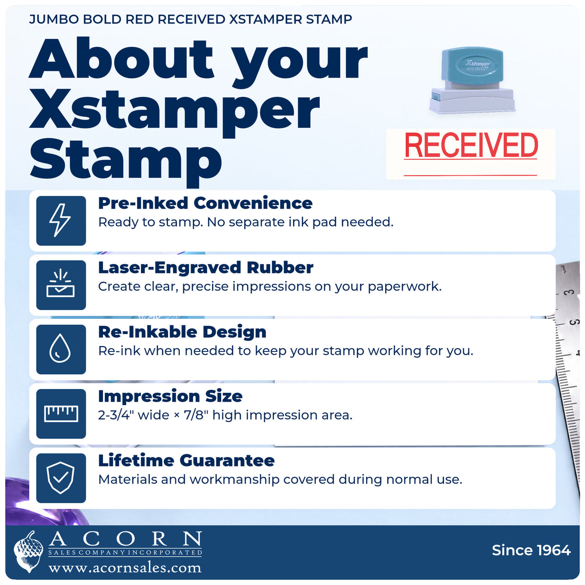 About your Received Stamp For Document Intake – Jumbo Bold Red Pre-Inked Xstamper: Xstamper 3251 pre-inked stock stamp facts
