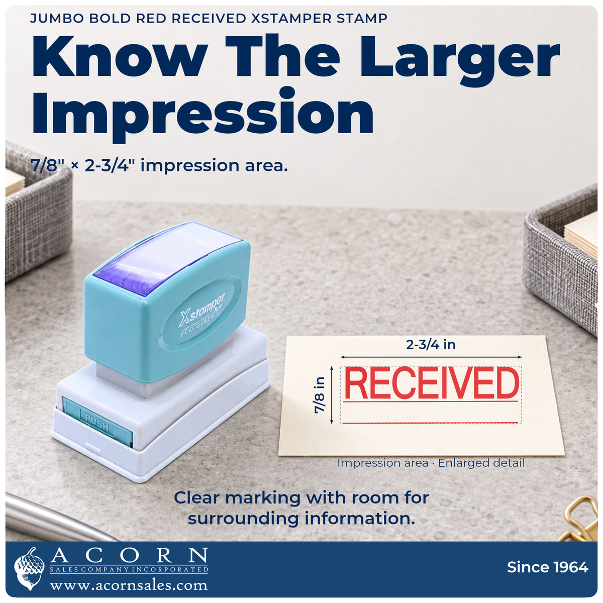 Impression size guide: the "Received" imprint measures 2-3/4 x 7/8 in
