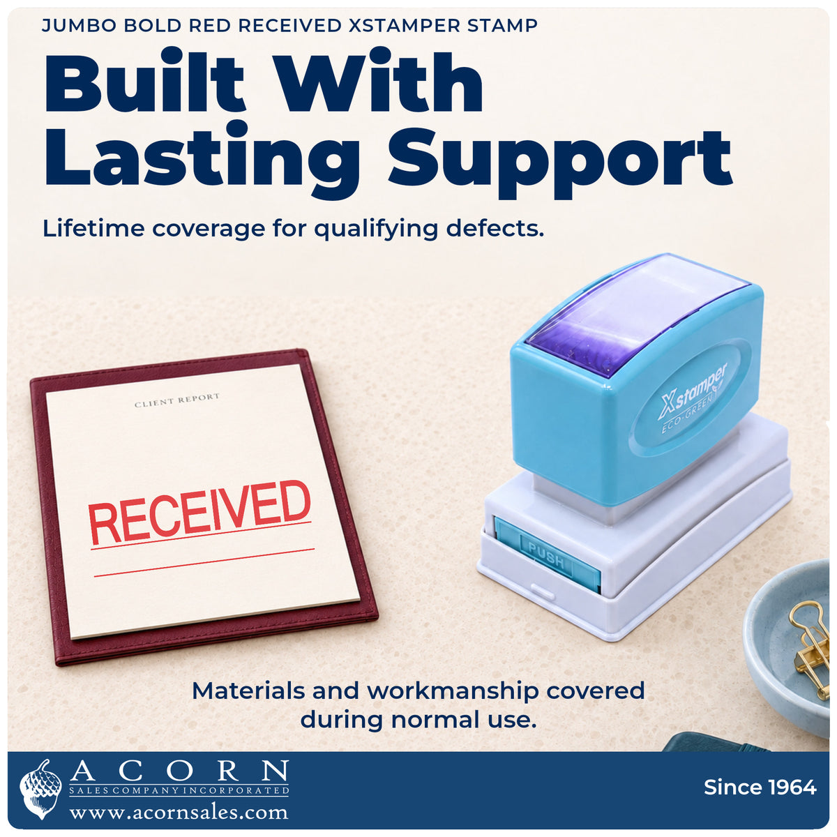 Lifetime guarantee graphic shown with the Received Stamp For Document Intake – Jumbo Bold Red Pre-Inked Xstamper from Acor...