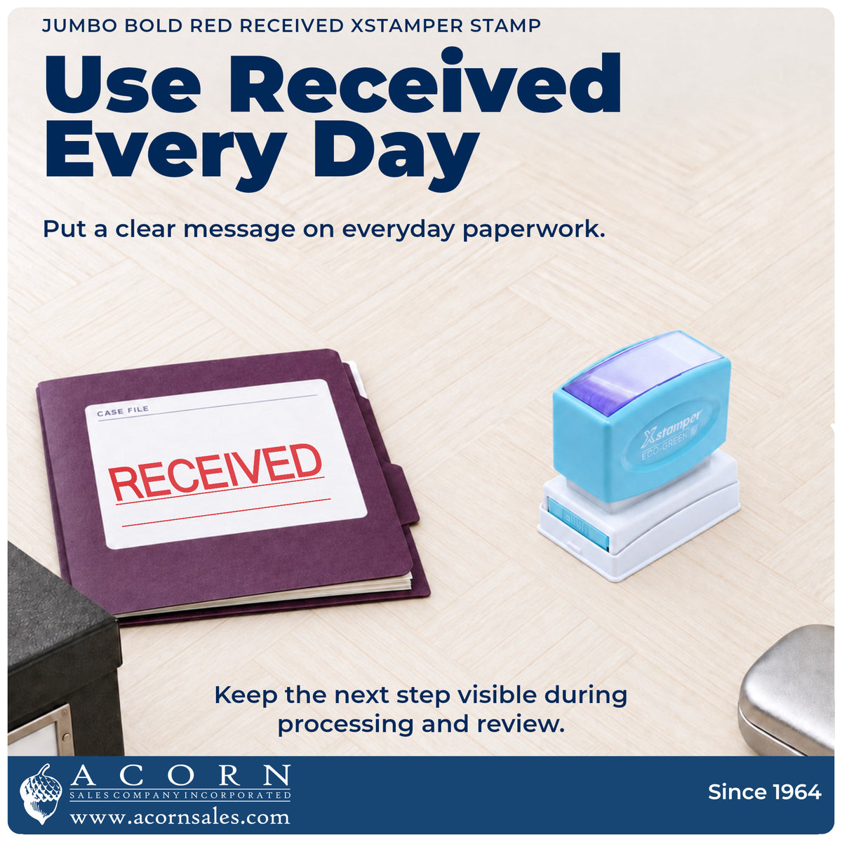 Received Stamp For Document Intake – Jumbo Bold Red Pre-Inked Xstamper being pressed to leave an imprint reading "Received"