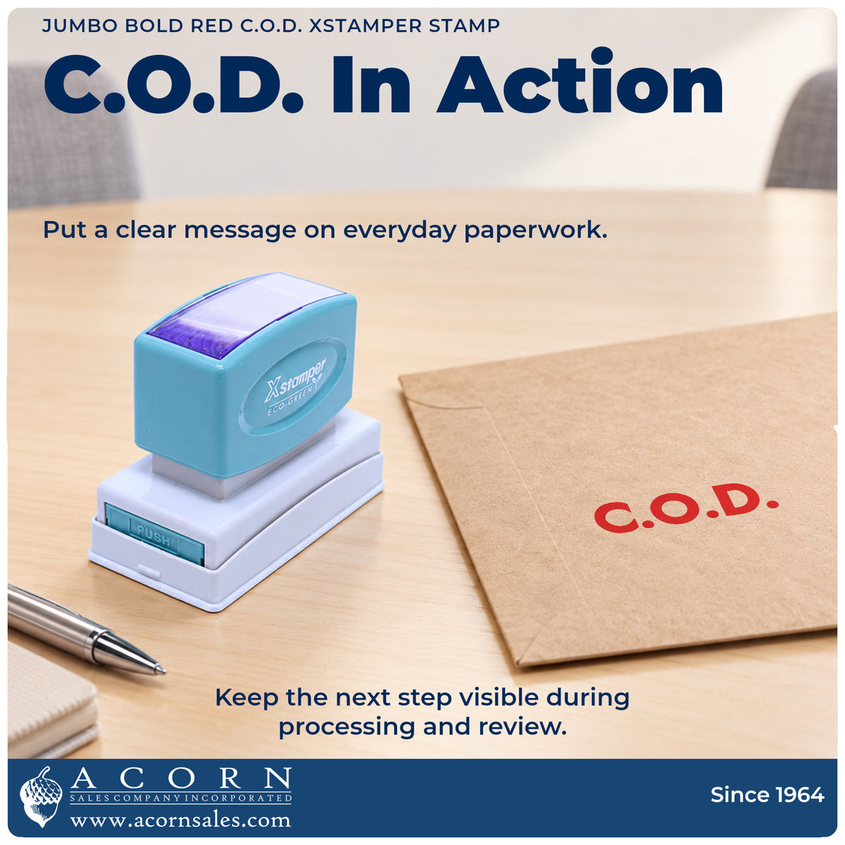 C.O.D. Payment Stamp – Jumbo Bold Red Pre-Inked Xstamper being pressed to leave an imprint reading "C.O.D."