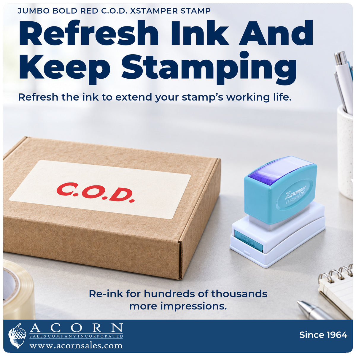 Re-inkable pre-inked build of the C.O.D. Payment Stamp – Jumbo Bold Red Pre-Inked Xstamper shown in detail